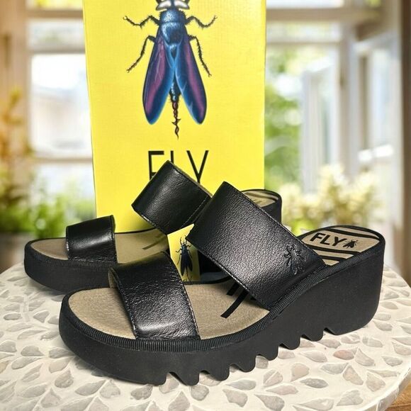 Fly London $190 BESY357FLY Moose Black Leather Slide Wedge Sandals Women’s EU 38 - Picture 2 of 16